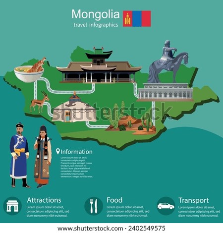 Map of Mongolia with attractions. National clothes of Mongolia, architecture of Mongolia