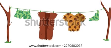 Vector illustration of clothes of an ancient man in the Stone Age hanging from a rope between 2 wooden sticks. Pants, shirt, underwear, dress