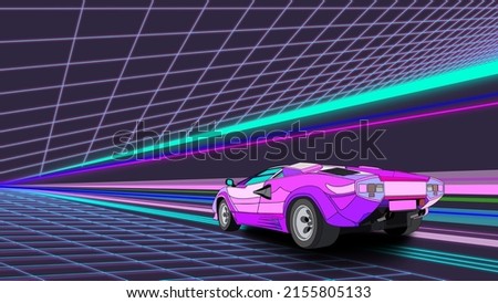 Retro future. 80s style sci-fi background with supercar. Futuristic retro car. Vector retro futuristic synth illustration in 1980s posters style. Lamborghini Countach