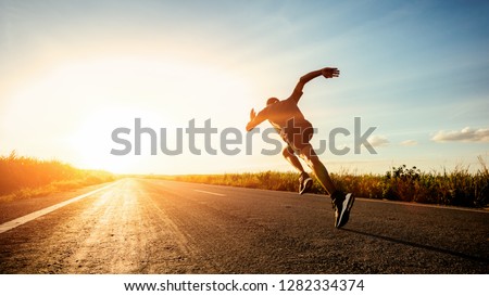 Image, Stock Photo Athlete runner feet running on treadmill closeup on shoe. Workout and diet concept.