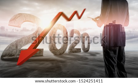 The economic crisis of 2020. Red arrows fall to the ground, indicating the economic recession that will occur in 2020.