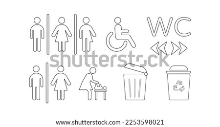 Toilet line icon set. WC for men and woman. Vector flat icon for male, female, all genders, disabled. Room for mother with baby. Left and right arrows. No smoking.Trash can and rubbish bin.