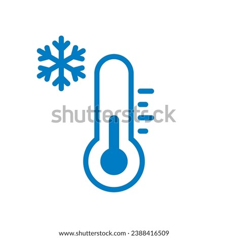 Cold temperature, keep frozen label, blue thermometer with snowflake icon vector illustration on white background. Cold Weather Flat Sign.  Storage in refrigerator and freezer.