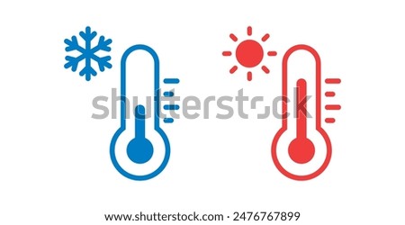 Hot and cold temperature vector icon set isolated on white background. Winter and summer weather thermometer with snowflake and sun symbols. Low and High temperature flat illustration colection.