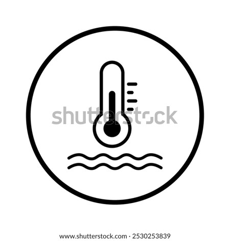 Vector Water Thermometer Flat Icon in Line Circle on White Background. Water Temperature Indicator Sign for pool, sea water, temp conditioner system. 