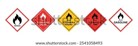 Flammable Gas Signs Collection with Vector Flat Rhombus on White Background. Warning Symbol for Packages, Outdoor Design.	