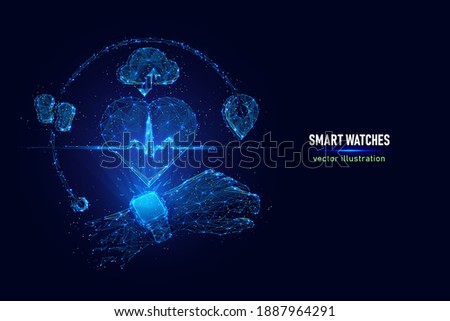 Vector illustration of smart watches. Digital wireframe of smart watches showing heart rate made of connected dots. Low poly illustration of heart rate monitoring hologram on blue background.