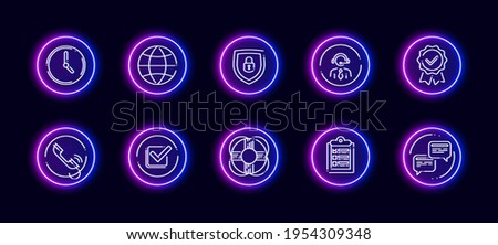 10 in 1 vector icons set related to discussion theme. Lineart vector icons in  neon glow style isolated on background.