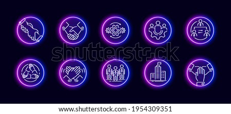 10 in 1 vector icons set related to team building and co working theme. Lineart vector icons in neon glow style isolated on background.