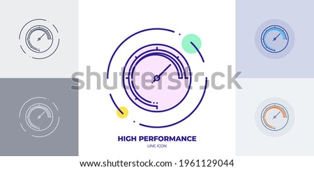 Web site performance indicator line art vector icon. Outline symbol of fast speed website performance. Car speedometer made of thin stroke. Isolated on background.