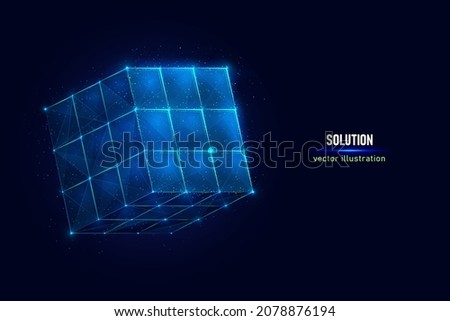 Rubik's Cube puzzle digital wireframe made of connected dots. The Magic Cube solved low poly vector illustration on blue background.