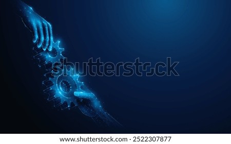 Abstract illustration of two hands holding gears approaching in low poly style. Blue geometric background depicting synergy partnership and industry teamwork concept by wireframe connection structure