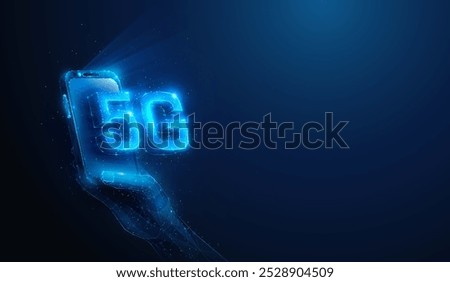 Abstract illustration of 5g wireless mobile network smartphone in hand in low poly style. Blue geometric background depicting 5g communication hardware concept by wireframe connection structure