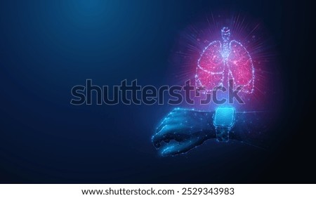 Abstract illustration of low poly smart watch projecting human lungs made of neon particles. Blue geometric background depicting respiratory system healthcare monitoring medical concept by wireframe