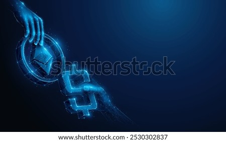 Abstract illustration of hands with Ethereum ETH and USD Dollar in low poly style. Geometric background showing cryptocurrency, blockchain technology, token exchange stock market concept by wireframe