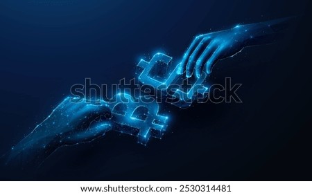 Abstract illustration of hands with BTC Bitcoin and USD Dollar in low poly style. Geometric background showing cryptocurrency, blockchain technology, token exchange stock market concept by wireframe