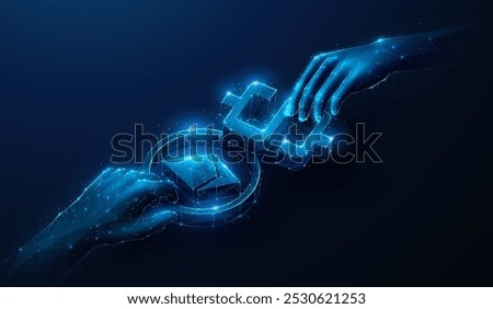 Abstract illustration of two low poly hands with Ethereum ETH and USD Dollar . Geometric background showing cryptocurrency, blockchain technology, token exchange stock market concept by wireframe mesh