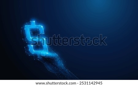 Abstract illustration of low poly hand holding USD Dollar sign. Blue geometric background depicting paying process on shopping concept by wireframe connection structure