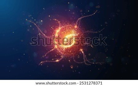 Abstract illustration of cancer cell with DNA helix made of glowing neon particles. Geometric background depicting cancer cell screening, dna therapy and gene engineering medical concept