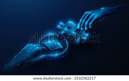 Abstract illustration of two hands with Ethereum ETH and Bitcoin BTC in low poly style. Geometric background on cryptocurrency, blockchain technology, token exchange stock market concept by wireframe