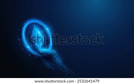 Abstract illustration of low poly hand with Ethereum ETH cryptocurrency sign. Geometric background depicting cryptocurrency, blockchain technology,token exchange stock market concept by wireframe mesh