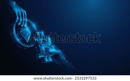 Abstract illustration of two hands with Ethereum ETH and Bitcoin BTC in low poly style. Geometric background on cryptocurrency, blockchain technology, token exchange stock market concept by wireframe