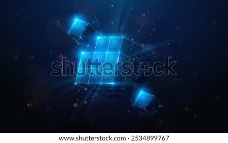 Abstract illustration of low poly cube gathering from small cubes. Geometric background depicting blockchain technology and cryptocurrency fintech concept by wireframe mesh