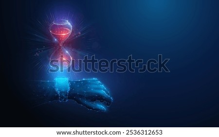 Abstract illustration of hourglass made of neon particles over low poly smart watch. Blue geometric background depicting time management concept by wireframe connection structure