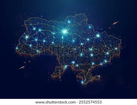 Abstract map illustration of Ukraine made of yellow and blue dots. Country population and roads atlas made of vector particles