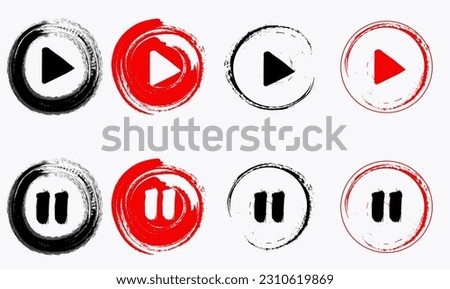 Play and Paus Icons set. Black and red ink brush stroke symbol on white background. Live streaming media concept sign. Vector illustration