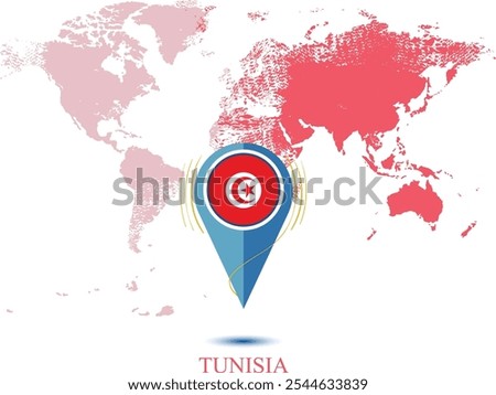 map with magnified TUNISIA, map of my current position, map pointer icon isolated on white background TUNISIA state flag. map vector illustration,  pin TUNISIA flag.eps8