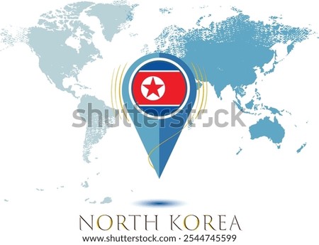 map with magnified north korea, map of my current position, map pointer icon isolated on white background NORTH KOREA state flag. vector illustration, Map pin NORTH KOREA flag..eps