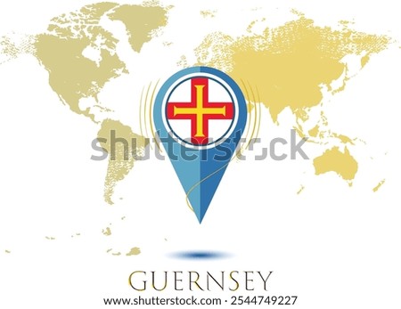 map with magnified Guernsey, map of my current position, map pointer icon isolated on white background Guernsey state flag.   vector illustration, Map pin Guernsey flag..eps