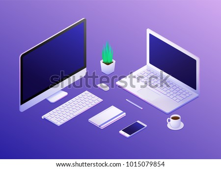 Isometric concept of workplace with computer, mobile phone, laptop and office equipment. Vector illustration