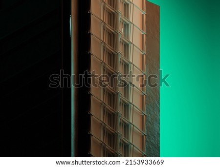 3D rendering of a very modern upscale Black Cyan building, Abstract 3D constructions on green and haze Futuristic, 3D Rendering illustration. Foto d'archivio © 