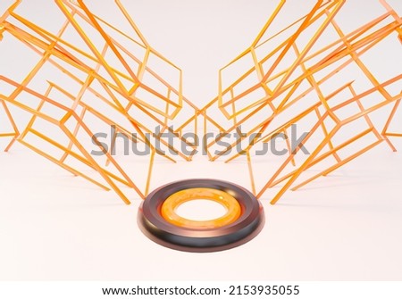 Vector Objects 3d shape. Minimal Abstract background. Poster with realistic geometric volumetric shapes, Scene with geometrical Color 3D geometric shapes forms, blach round platform, 3D rendering. 3D  Foto d'archivio © 