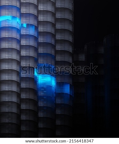 3D rendering of a very modern upscale Black Round side building, Abstract 3D constructions on blue light haze Black Futuristic, 3D Rendering illustration.

 Foto d'archivio © 