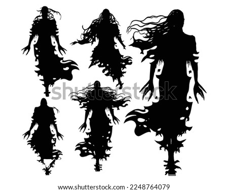 Halloween evil spirit silhouette. Scary nightmare ghost characters, spooky phantom demons mascots set. Torn Clothes ghost silhouettes