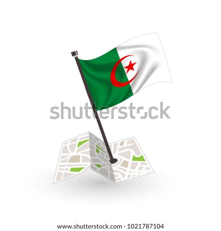 Map with flag of Algeria isolated on white. National flag for country of Algeria isolated, banner for your web site design logo, app, UI. check in. map Vector illustration, EPS10.