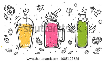 Set of smoothies in different cups. Superfoods and health or detox diet food concept in sketch style.