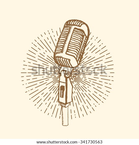 Microphone. Vintage style, hand drawn pen and ink.  Vector clip art. Retro design element for electronics store packaging, studio, disco or karaoke club, or t-shirt design
