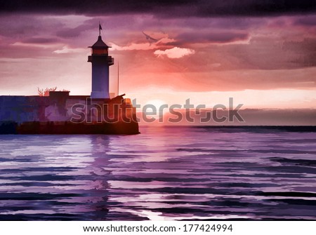 Watercolor style image of lighthouse on sunrise