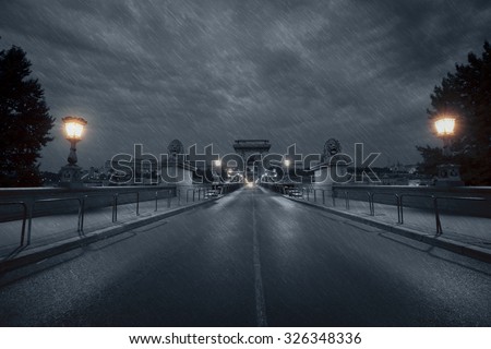 Chain bridge at rainy night. Budapest, Hungary