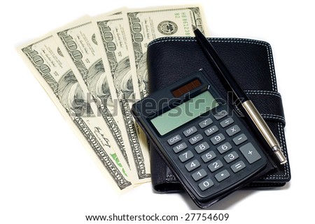 money, calculator and pen isolated on white