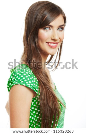 Portrait of yong woman casual style,  positive view, big smile, beautiful model posing in studio over white background . Isolated on white.