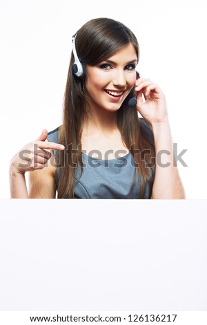 Close up portrait of Woman customer service worker with big blank board, call center smiling operator with phone headset