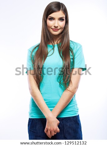 portrait of young woman casual portrait positive view, blue dressed, big smile, beautiful model posing in studio over white background,  Isolated on white.