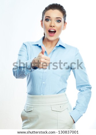 Portrait of smiling business woman, isolated on white background. Female model . Thumb up .