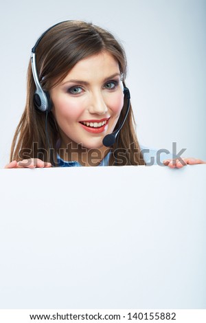 Portrait of woman customer service worker, call center smiling operator with phone headset isolated on white background, white blank banner. Female model.