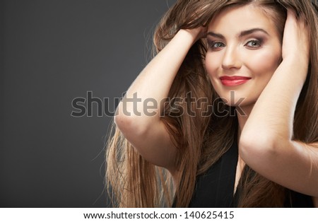 Woman hair, face close up beauty portrait. Female model poses.